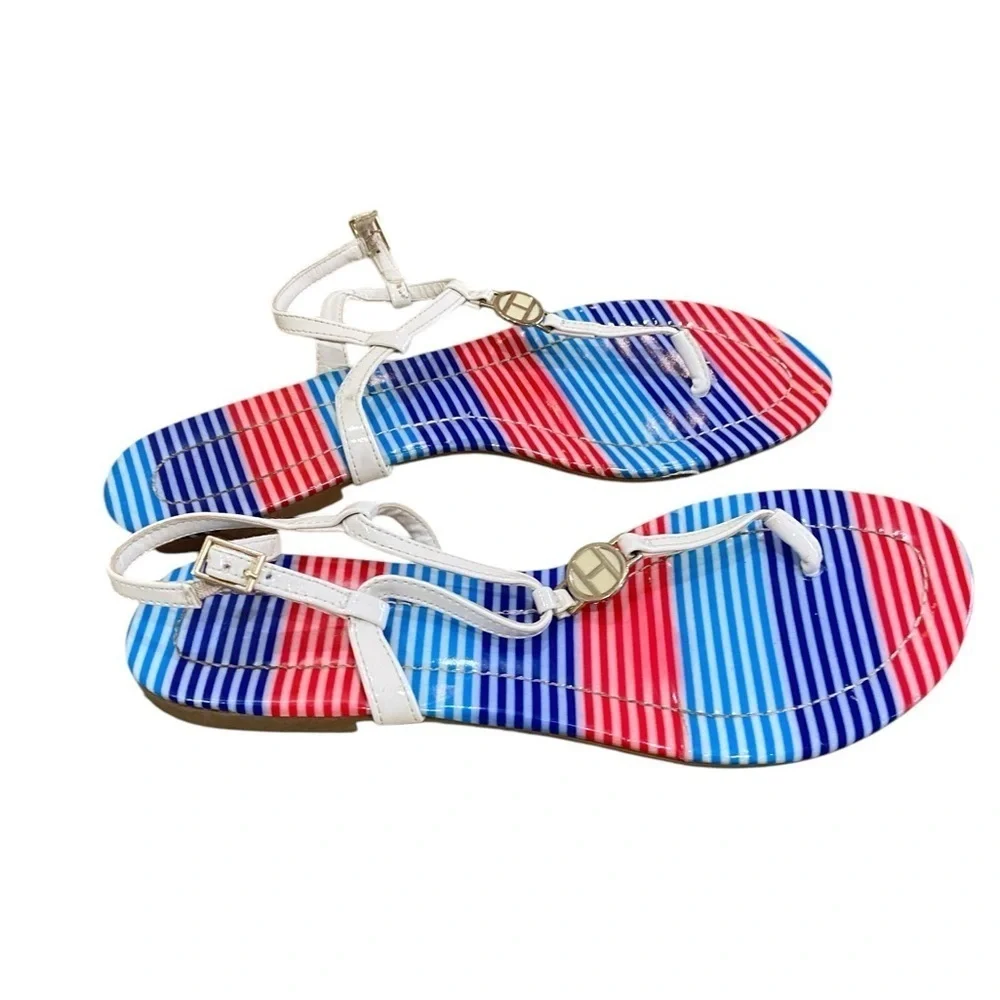 Tommy Hilfiger patent white toe flat sandals striped footbed silver “H” sz 9.5